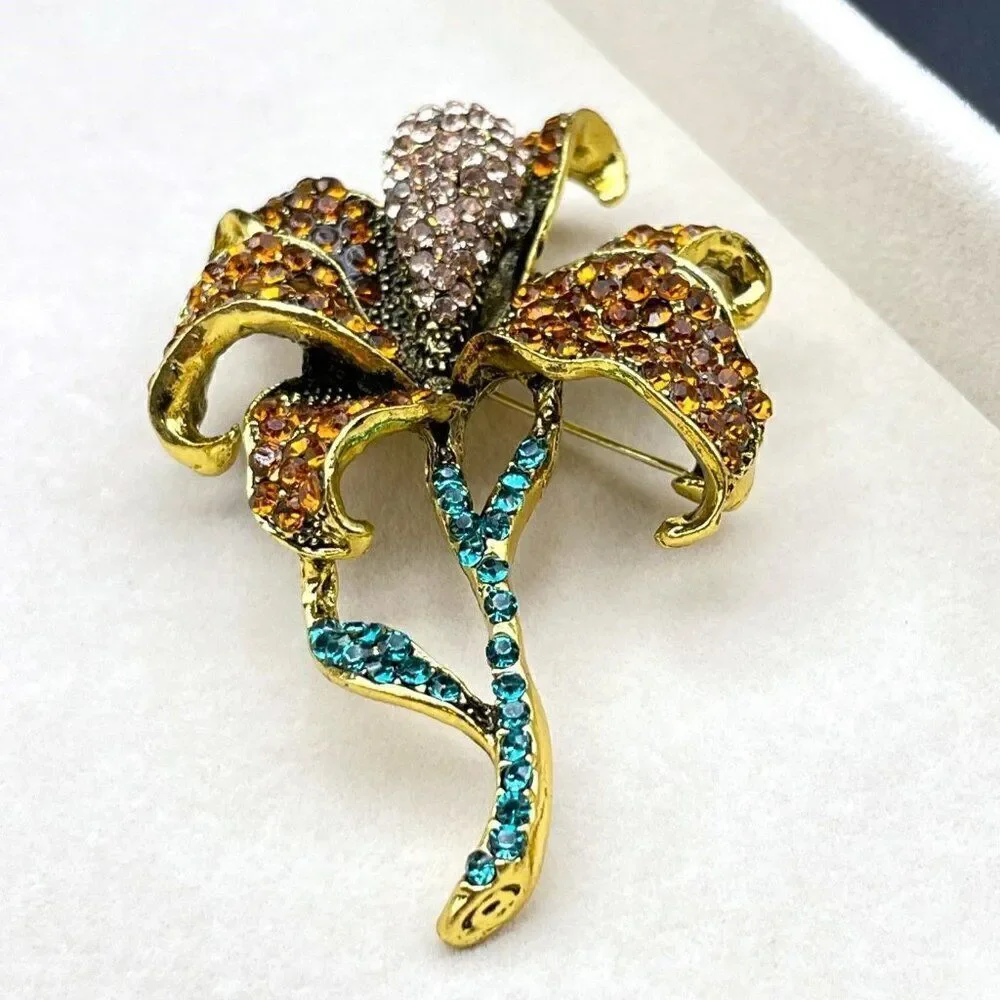 Yellow Gold with Burnt Orange and Champagne Crystal Lily Flower Pin Back Brooch